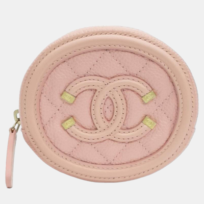 Pre-owned Chanel Pink Leather Caviar Round Quilted Coin Filigree Wallet