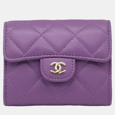 Pre-owned Chanel Purple Lambskin Leather Card Holder Chain Quilted Flap Wallet