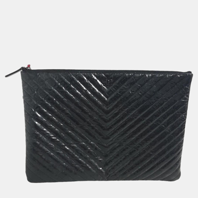 Pre-owned Chanel Black Patent Chevron Clutch Large