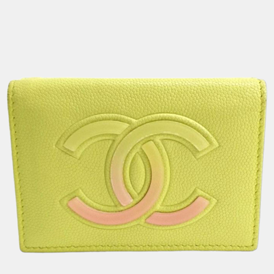 Pre-owned Chanel Caviar Half Wallet Ap0141 In Yellow