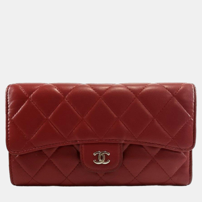 Pre-owned Chanel Red Lambskin Long Wallet