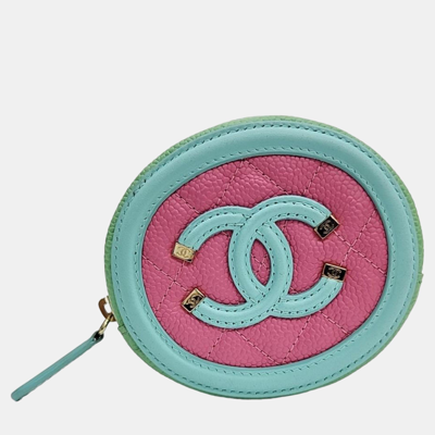 Pre-owned Chanel Green/pink Caviar Coinpurse