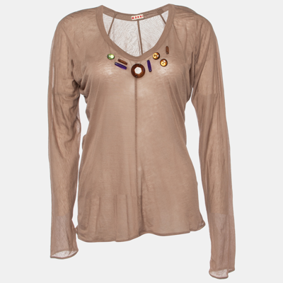 Pre-owned Marni Brown Cotton Knit Embellished Detail Long Sleeve Top L