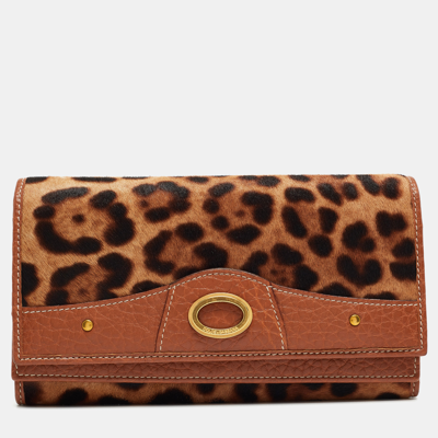 Pre-owned Dolce & Gabbana Brown/beige Leopard Print Calfhair And Leather Double Flap Continental Wallet