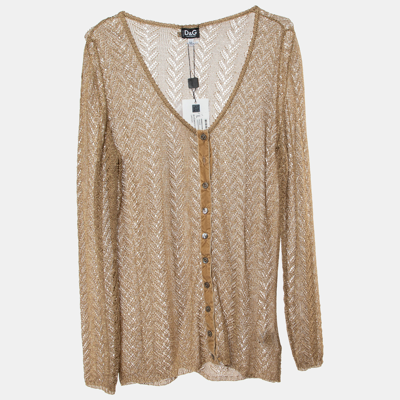 Pre-owned Dolce & Gabbana Gold Lurex Crochet Knit Sheer Button Front Shirt Xl
