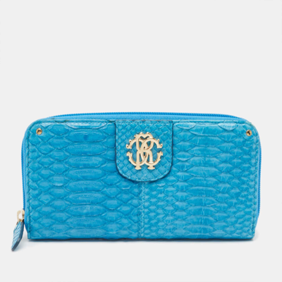 Pre-owned Roberto Cavalli Blue Python Zip Around Continental Wallet