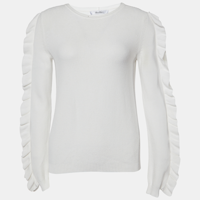Pre-owned Max Mara White Ruffled Cotton Knit Jumper S