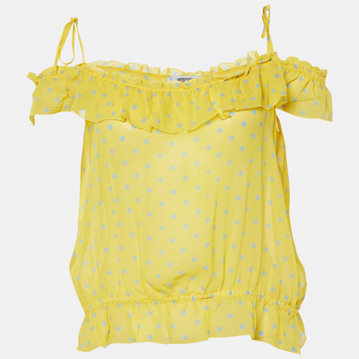 Pre-owned Moschino Cheap And Chic Yellow Polka Dot Printed Silk Ruffle Detail Top L