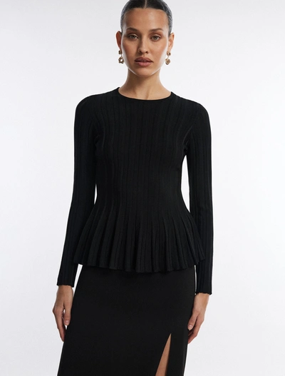 Bcbgmaxazria Long Sleeve Rib Peplum Knit Top In Black