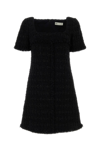 Tory Burch Tweed Square Neck Mini With Fringed Trimmings In Black