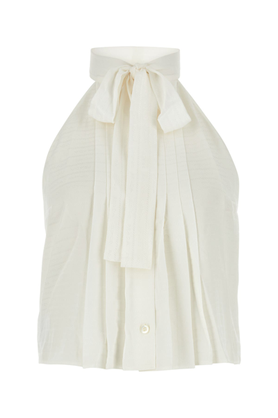 Prada Logo-jacquard Tie-neck Top In Cream