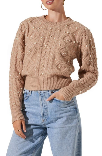 Astr Imitation Pearl Embellished Cable Stitch Jumper In Taupe