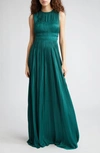 Ulla Johnson Delia Sleeveless Pleated Satin Gown In Jadeite