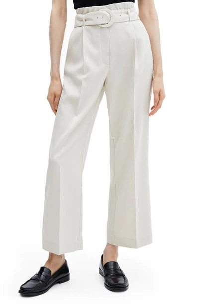 Mango Belted Paperbag Waist Wide Leg Trousers In Natural White