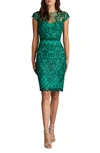 Tadashi Shoji Sequin Cap Sleeve Lace Dress In Pine