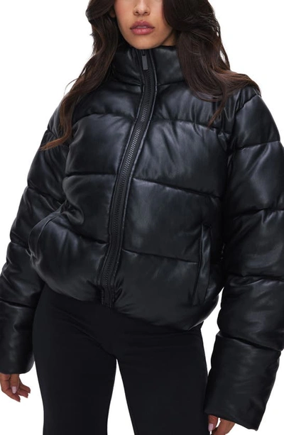 Good American Faux Leather Puffer Jacket In Black