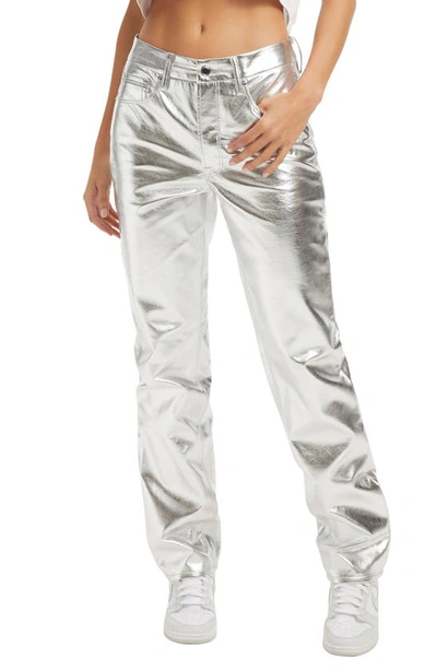 Good American Good Icon High Rise Straight Faux Leather Jeans In Powder Purple Metallic In Silver Metallic