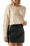 Astr Madison Rhinestone Cable Stitch Crop Sweater In Cream