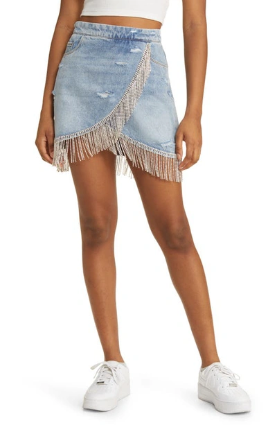 Blanknyc Rhinestone Fringe Denim Mini Skirt In Heart And Soul