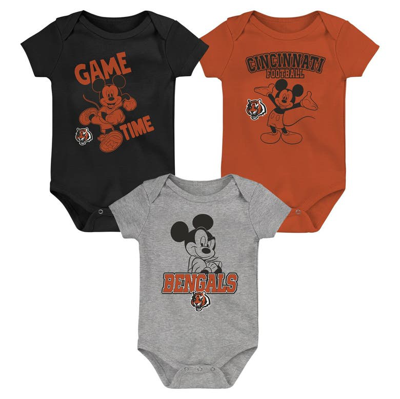 Outerstuff Babies' Newborn & Infant Black/orange/gray Cincinnati Bengals Three-piece Disney Game Time Bodysuit Set