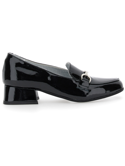 Monnalisa Teen Girls Black Leather Heeled Loafers