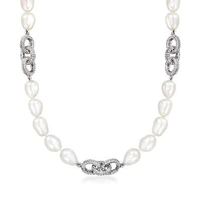 Ross-simons 7.5-8.5mm Cultured Semi-baroque Pearl And White Topaz Oval-link Necklace In Sterling Silver