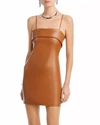 ALICE AND OLIVIA KELLY VEGAN LEATHER SQUARE BUST MINI DRESS IN CAMEL