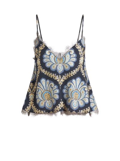 Etro Paisley-print Lace-detail Silk Top In Blue