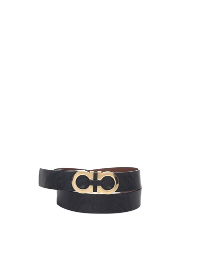 Ferragamo Double-sided Leather Belt With Gancio Buckle In Black