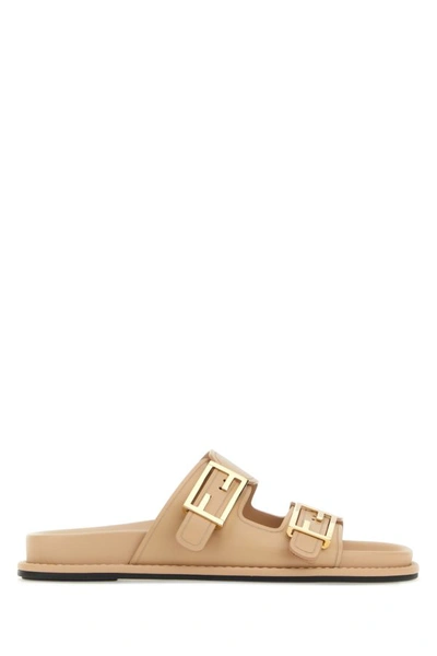 Fendi F Buckle Leather Slide Sandals In Beige