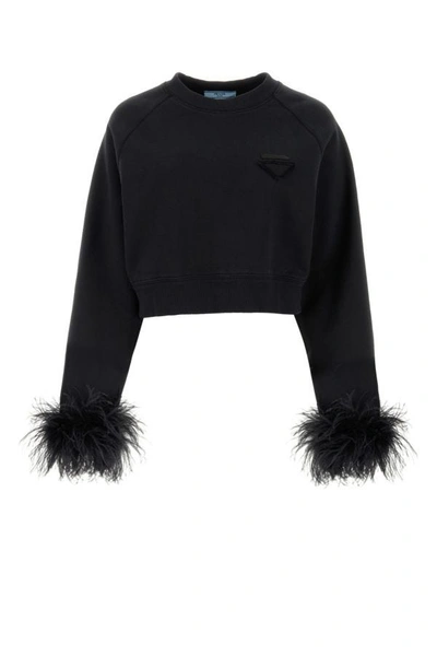 Prada Crew-neck Sweatshirt With Feather Trim In Black