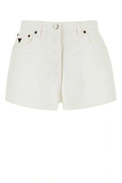 Prada Bull Logo-patch Denim Shorts In White