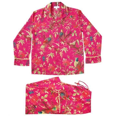 Powell Craft Hot Pink Bird Print Ladies Pyjamas With Yellow Pom Pom Trims