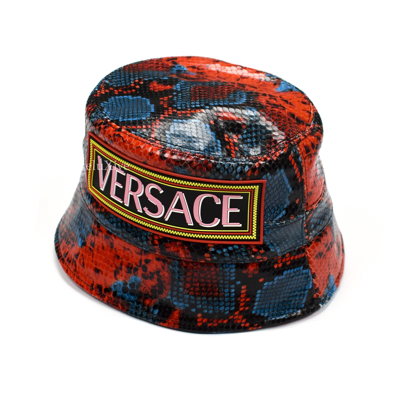Pre-owned Versace Snake Print Leather Bucket Hat Blue Red Nwt