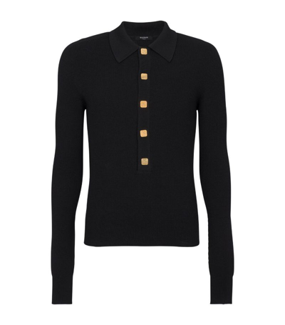 Balmain Men's Buttoned Pb Wool Polo Shirt In Black