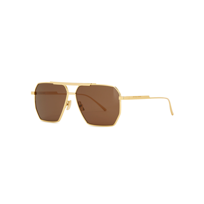 Bottega Veneta Gold-tone Aviator-style Sunglasses, Sunglasses, Metal In Brown