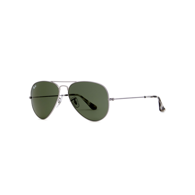 Ray Ban Matte Silver-tone Aviator Sunglasses, Sunglasses, Green Lenses In Metallic