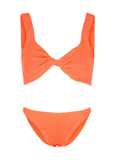 Hunza G + Net Sustain Juno Twist-front Seersucker Bikini In Orange