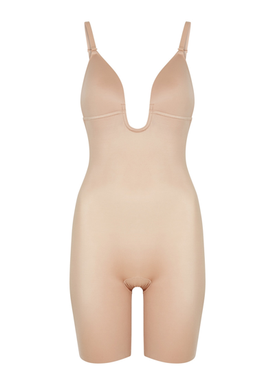 Oncore Open-bust Mid-thigh Bodysuit In Tan