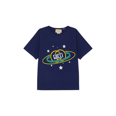 Gucci Kids Navy Logo Cotton T-shirt In Blue