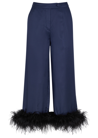 Kitri Apollo Feather-trimmed Cropped Satin Trousers In Blue