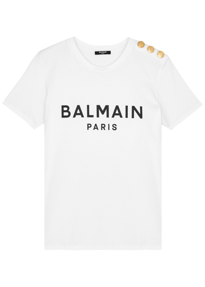 Balmain Women White Crewneck T-shirt With Logo Print And Golden Buttons In Jersey Woman In Gray
