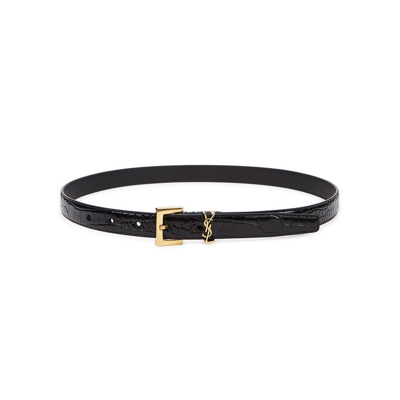 Saint Laurent Black Thin Belt With Square Buckle And Cassandre In Crocodile-embossed Leather Woman