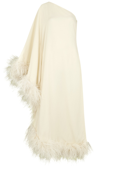 Taller Marmo Ubud One-shoulder Feather-trimmed Midi Dress In Ivory