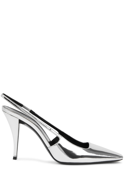 Saint Laurent Blade 90 Metallic Leather Slingback Pumps In Silver