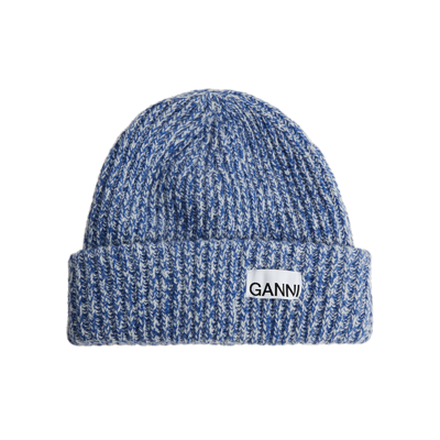 Ganni Ribbed Wool-blend Beanie In Blue