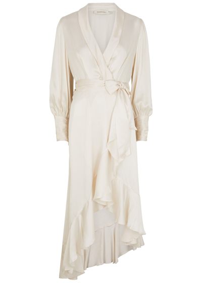 Zimmermann Ruffled Silk-satin Midi Wrap Dress In Cream