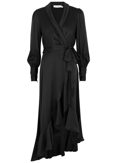 Zimmermann Ruffled Silk-satin Midi Wrap Dress In Black