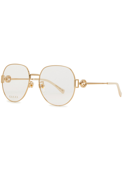 Gucci Round-frame Optical Glasses, Glasses, Gold, Detachable Chain In White