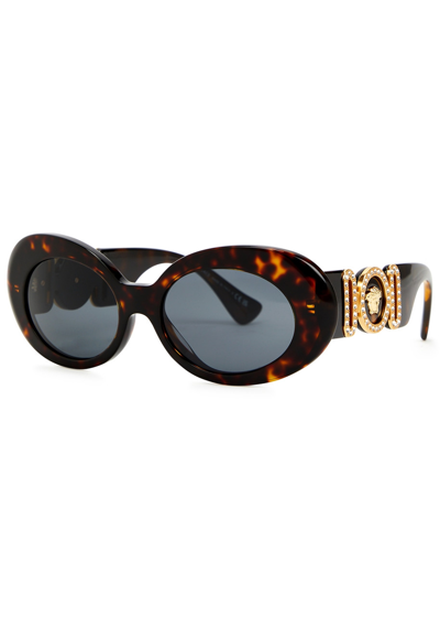 Versace Oval-frame Sunglasses, Designer Sunglasses, Medusa Plaque In Brown